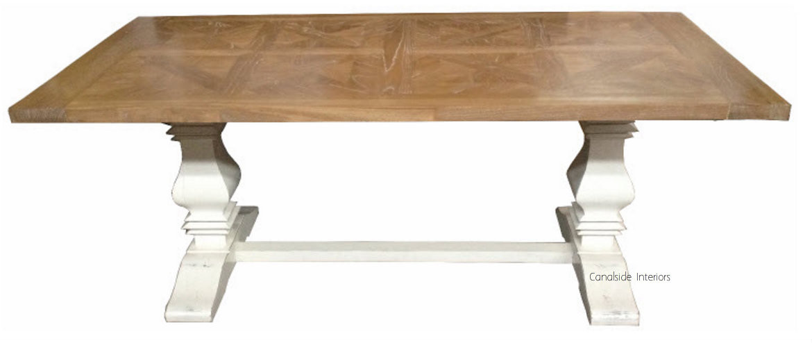 Artisan Parquetry Top Dining Table with distressed white base