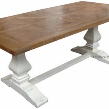 Artisan Parquetry Top Dining Table with distressed white base