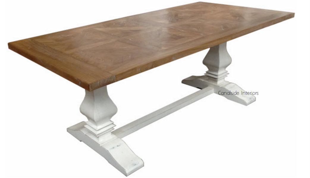 Artisan Parquetry Top Dining Table with distressed white base