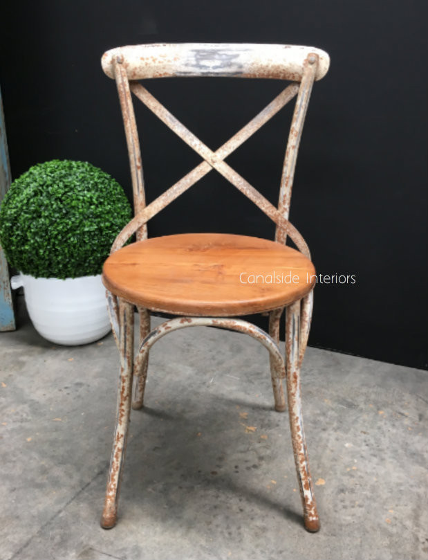 Metal Cross Back Chair with wooden seat