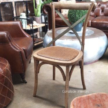 Cross Back Chair - French Oak with Distressed Green Patina Metal Straps