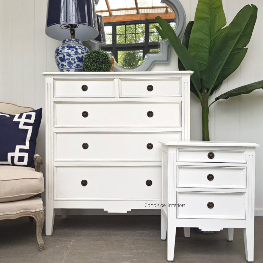 Peninsula 5 Drawer Chest and Peninsula Bedside