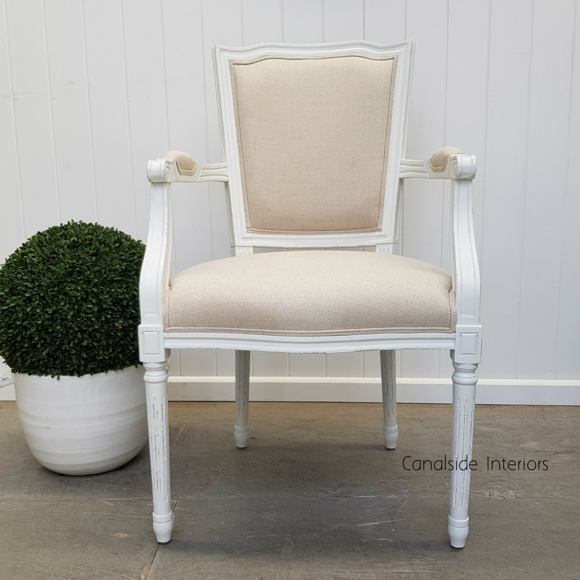 Stark Carver Chair - Distressed White with Cream Upholstery