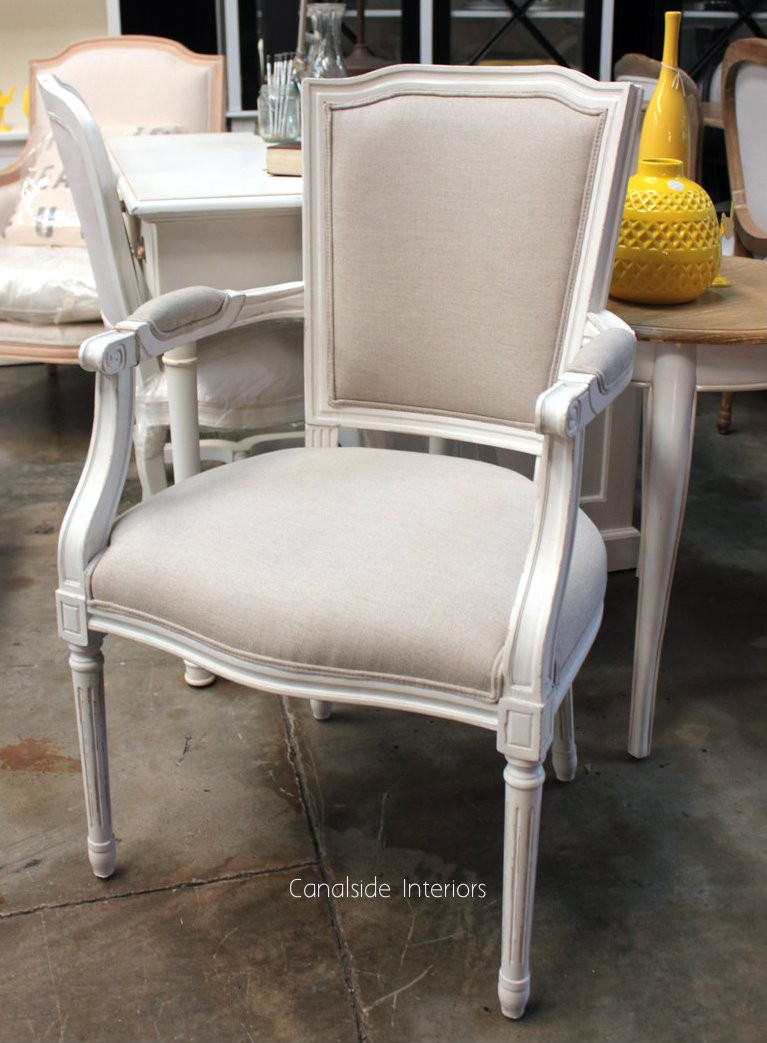 Stark Carver Chair - Distressed White with Cream Upholstery