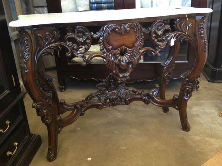 Baroque Console in Mahogany Brown with Carrera Marble Top