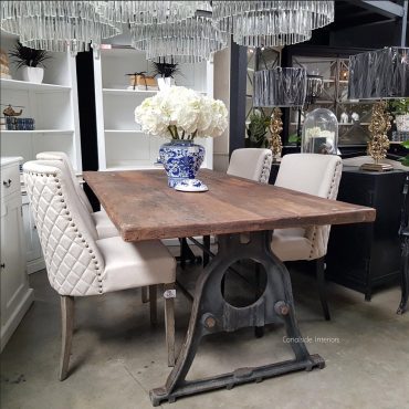 Protractor Omega Dining Table with reclaimed wood top