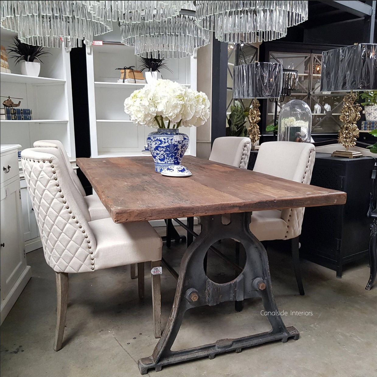 Protractor Omega Dining Table with reclaimed wood top